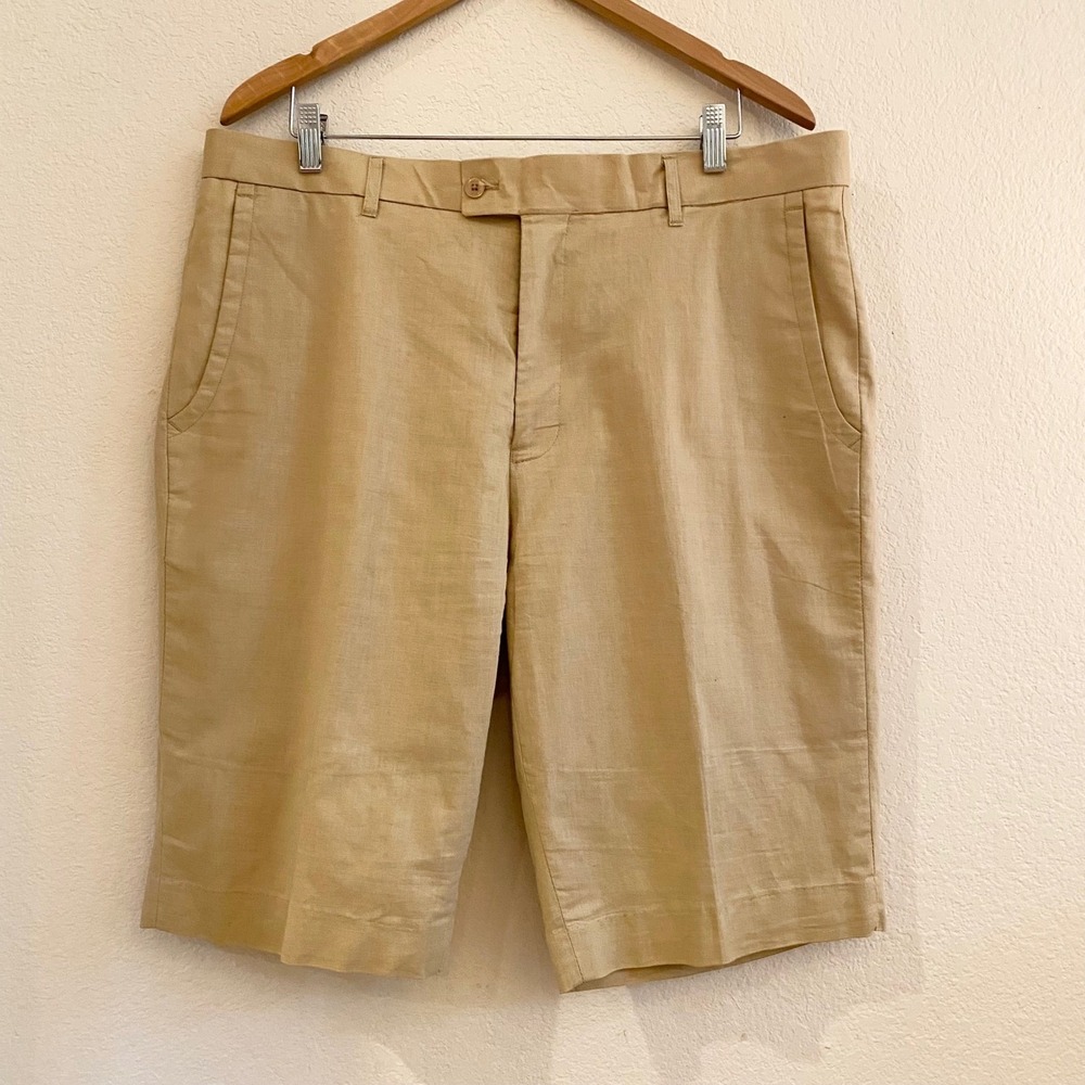 Stacy Adams Mens Khaki‎ Linen Blend Flat Front Shorts Size 38W